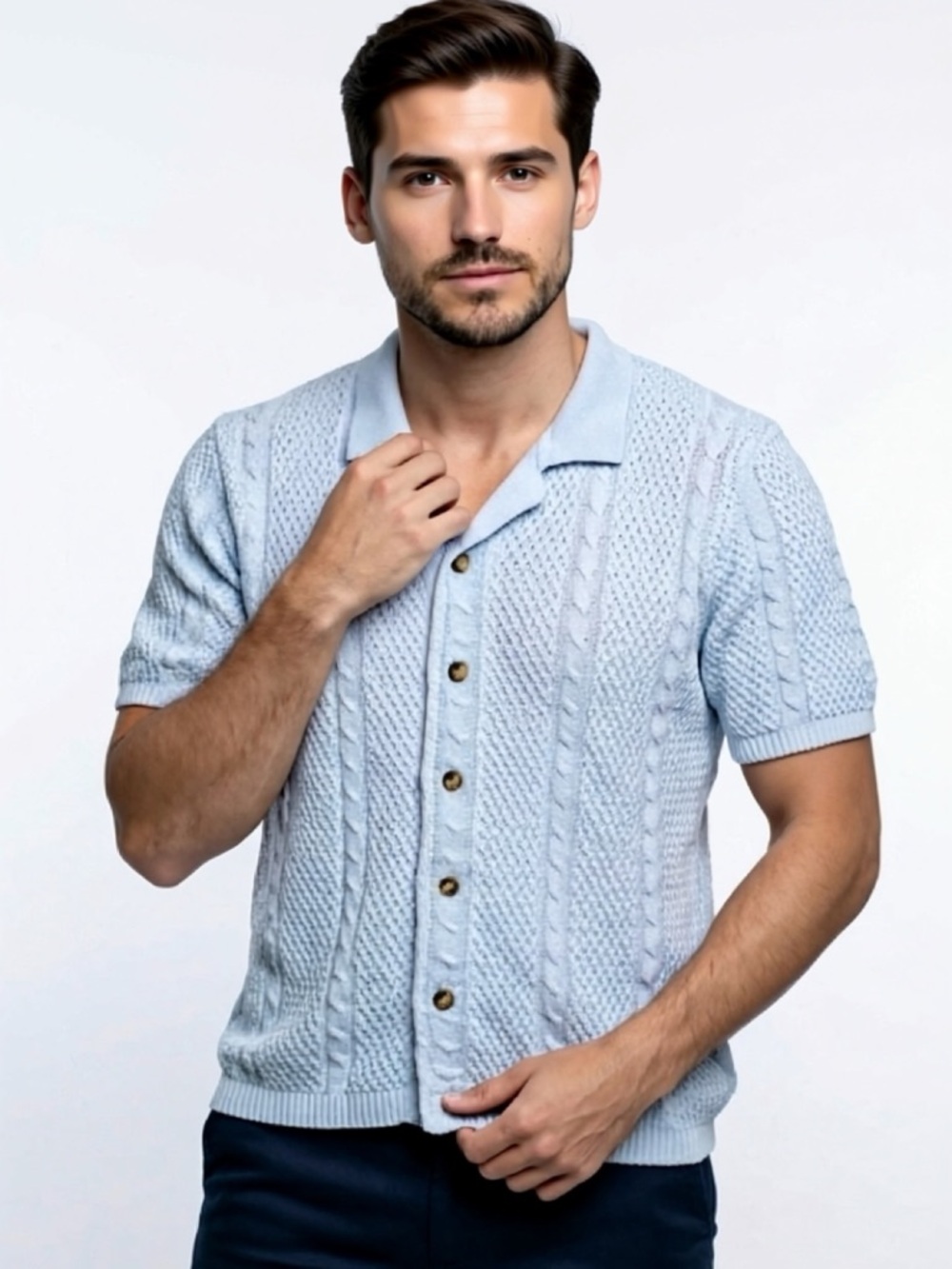 NOVAMEN Knit Polo Sweater Light Gray Textured Cable Button Short Sleeve Size L